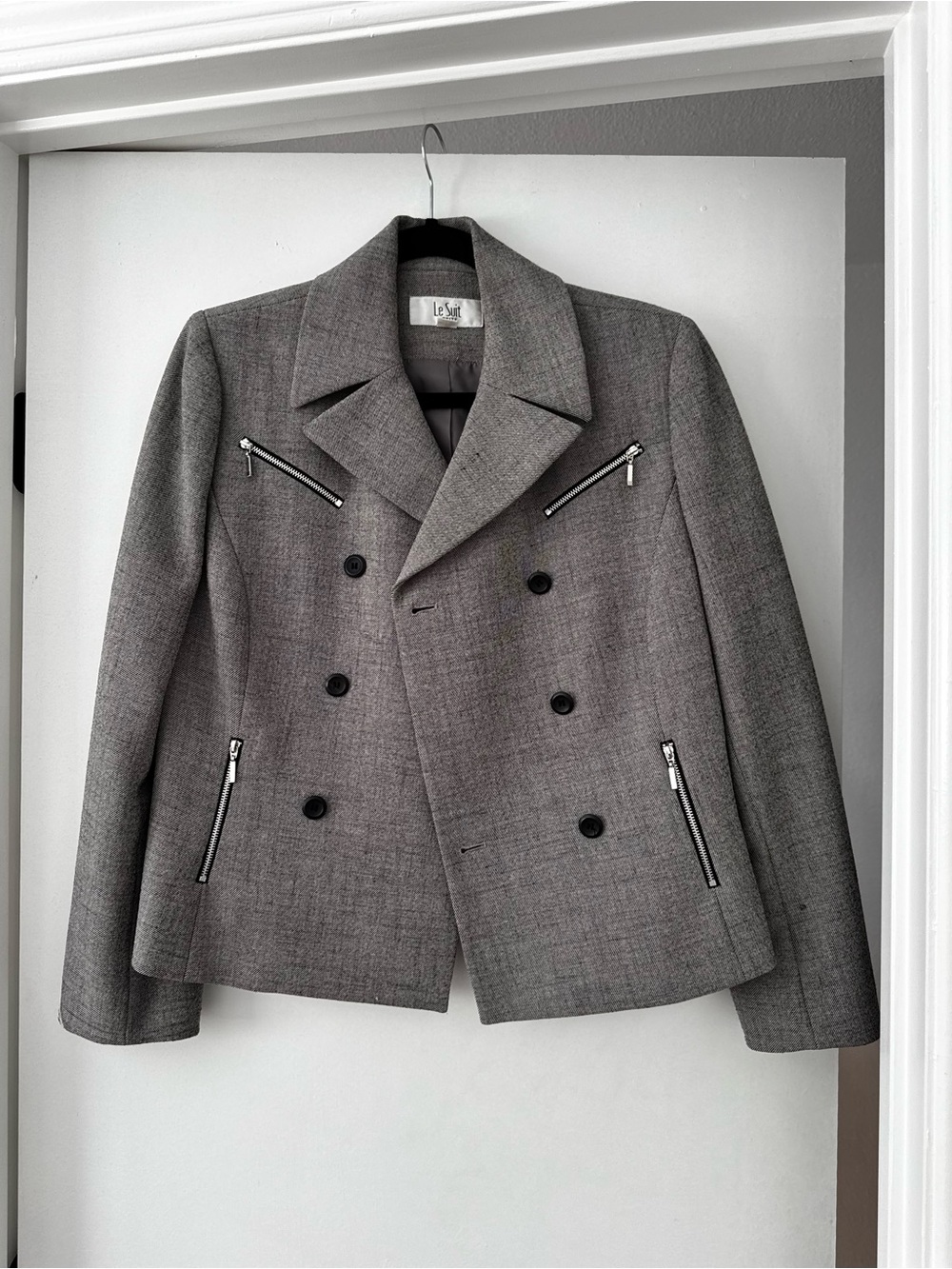 Le Suit Gray Double-Breasted Blazer with Zip Accents